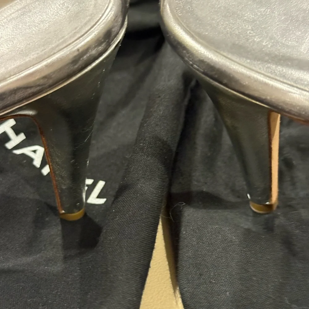 Vintage Chanel Silver Cap Toe Leather and PVC Pumps